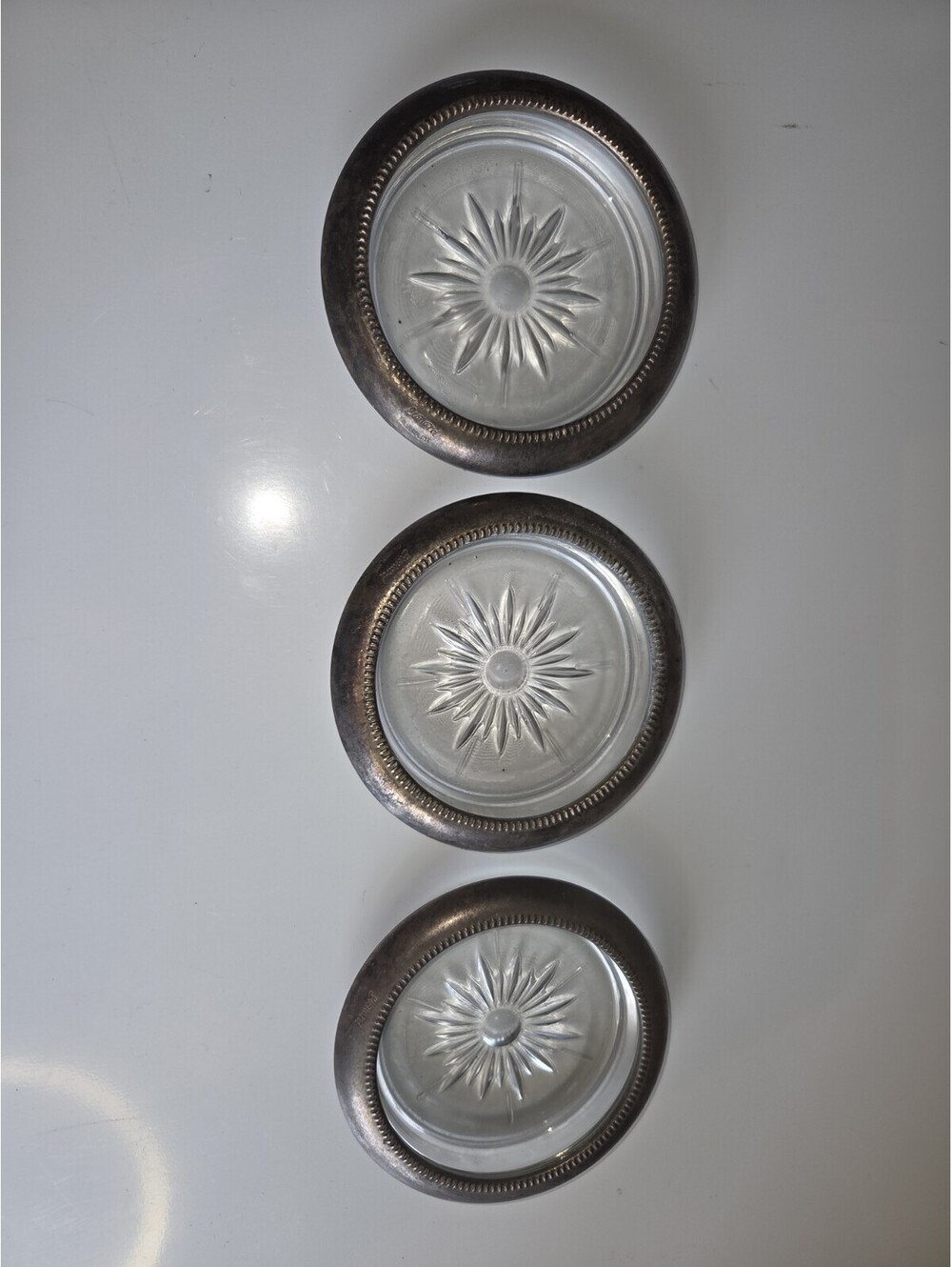 Vintage Leonard Glass Starburst Silver Plated Coasters. Set 3 Made in Italy SC3